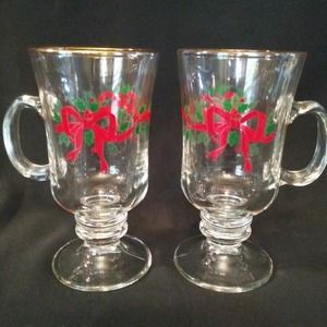 2 Vintage Libbey Clear Glass Pedestal Christmas Bow Irish Coffee Mugs Gold Trim